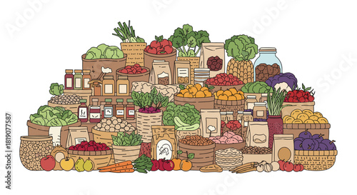 Variety of fresh produce, grains, and jars displayed in a colorful market stall.