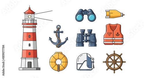 Collection of nautical and maritime safety equipment and tools, including a lighthouse and anchor.