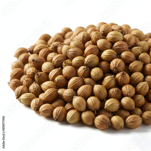 Pile of Dried Coriander Seeds Macro Detail Isolated on White