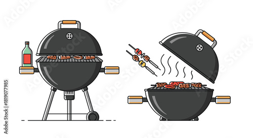 Illustration of two grills with food cooking on them.