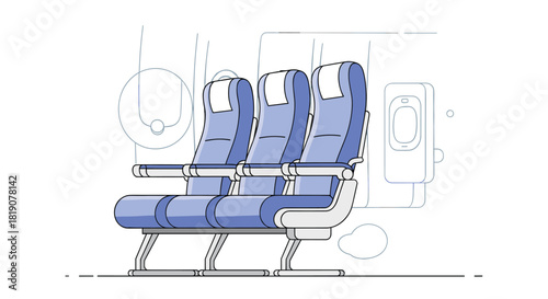 Illustration of three empty blue airplane seats with headrests and armrests in a row.