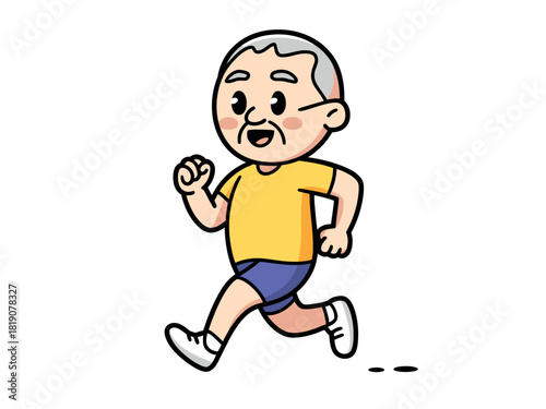 An elderly man with gray hair happily jogs in a yellow t-shirt and blue shorts, demonstrating an active lifestyle in his senior years.