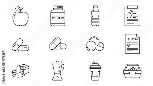 Healthy Eating and Diet Icons: Simple Line Art for Wellness | Nutrition and Fitness Icons for Healthy Living | Clean Eating and Diet Plan Icons in Line Art