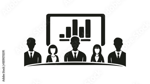 Diverse group of business professionals collaborating and observing a presentation on a large screen in a modern office setting conveying teamwork and innovation