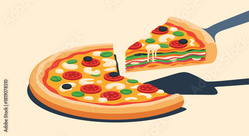 A slice of layered pizza is served from a whole pizza on a light yellow background.