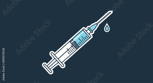 Flat illustration of a medical syringe with a drop of blue liquid falling from its needle.