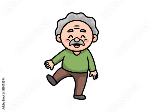 An elderly gentleman with gray hair and a mustache joyfully dances with one leg raised in a playful pose.