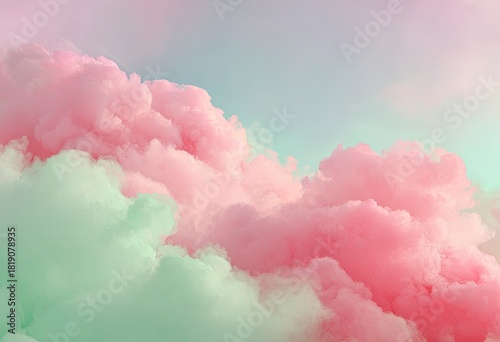 Ethereal pink & green smoke plumes ascend, mixing with a pastel blue background
