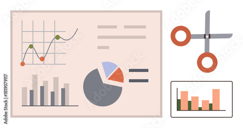 Graphs, pie chart, bar chart, and scissors representing data analysis, decision-making, and resource optimization. Ideal for business planning, analytics, research strategy finance education
