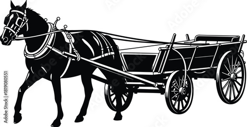 Horse Pulling Farm Wagon Silhouette Vector Illustration