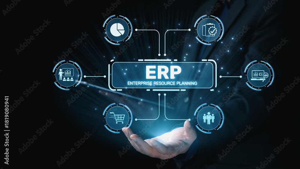 Fototapeta premium ERP platform visual showing centralized system for enterprise resource planning, improving integration, data flow, business efficiency, finance, inventory, and human resources. Elide