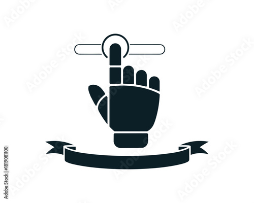 Dark blue hand icon touching a horizontal bar with ribbon