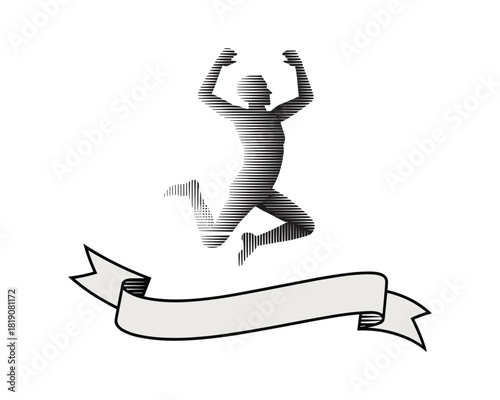Man jumping high with raised arms over soft grey ribbon glow