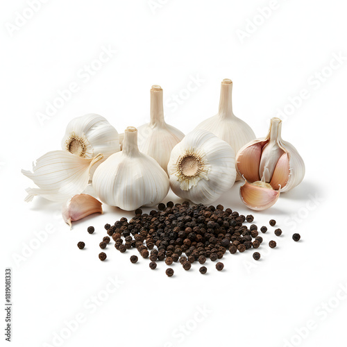 Garlic Bulbs and Black Peppercorns Rustic Group Isolated on White