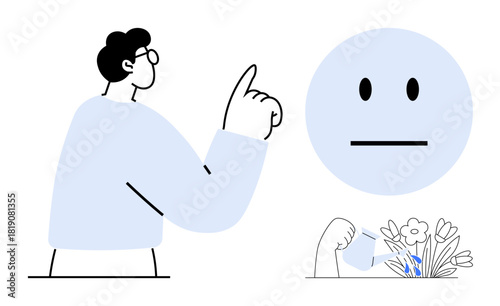 Man raising finger as if making a point, neutral face emoticon, crushed flowers under a clenched fist. Ideal for communication, emotion, conflict, frustration, decision-making, loss simplicity