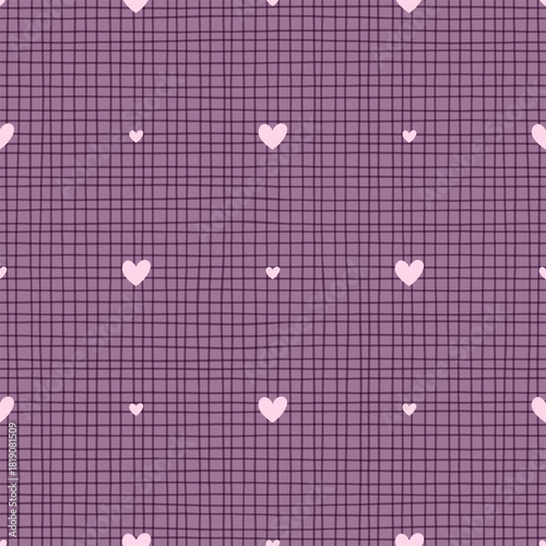 Seamless pattern with romantic tiny hearts on a checkered lilac background. Perfect for Valentine cards, cute stationery, wrapping and feminine decorative design