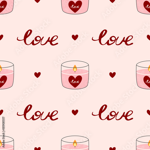 Seamless pattern with candle, love and heart, on pink background, Whimsical elements for Valentine decor, stationery and packaging