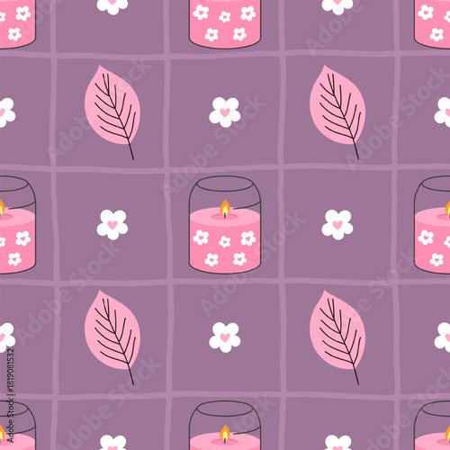 Seamless pattern with pink candles, flower, and leaves on a soft purple grid. Perfect for Valentines day, cards, stationery, textiles and wrapping
