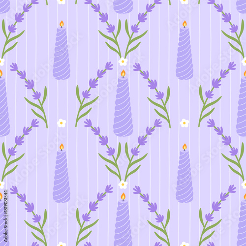 Lavender candle seamless pattern with soft purple background, glowing flame and small heart accents, perfect for spa, wellness and romantic designs