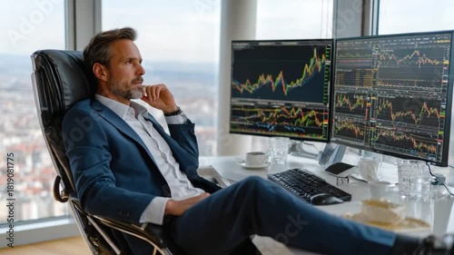 Reflective Financial Strategist: A composed and thoughtful professional gazes out a window, strategizing the day with charts displayed on dual monitors.