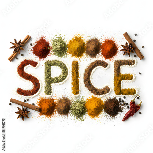 Word SPICE Written in Flour and Spice Powders Isolated on White