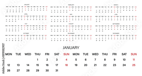 Simple calendar of 2026. 2026 Monthly calendar template with horizontal layout. Transparent vector