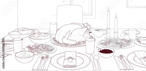 Thanksgiving dinner table setting with turkey and sides