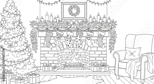 Christmas scene with fireplace and tree coloring page art