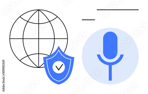 Globe with a check-mark shield and a microphone inside a blue circle. Ideal for communication, technology, cybersecurity, voice recognition, global access, online media, secure data metaphor, simple