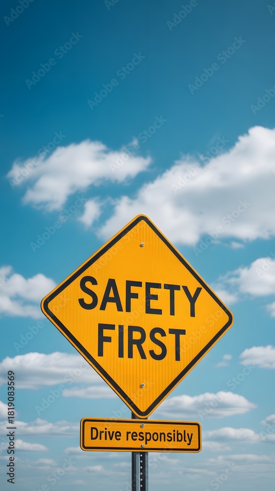 Naklejka premium Prioritize safety and drive responsibly under a clear blue sky with fluffy clouds, promoting awareness and careful driving habits on the roads