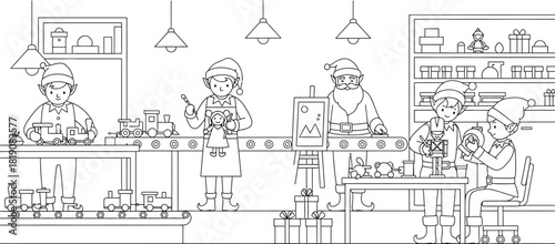 Santa's workshop with elves making toys on a conveyor belt