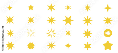 Stars vector icons including golden stars on white background, ideal for ratings graphics, decorative illustrations, digital designs, and celestial-themed vector artwork.