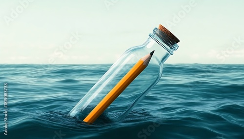 Message in bottle carrying yellow pencil bobbing on calm ocean waves