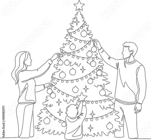 Family decorates christmas tree in single line illustration