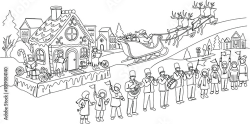 Santa claus parade with marching band and gingerbread house