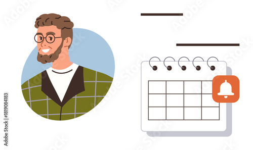 Smiling man in glasses wearing a checkered shirt, calendar planner with spiral binding, and a red notification bell. Ideal for scheduling, planning, reminder, time management, productivity