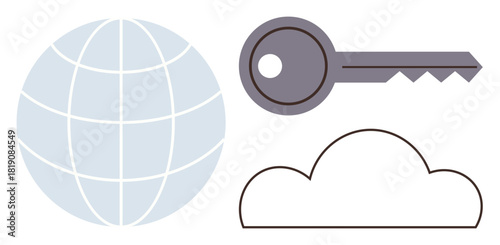 Globe, key, and cloud elements represent worldwide access, cybersecurity, and cloud storage. Ideal for data protection, encryption, global connectivity, cloud computing secure access online