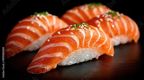 Salmon sushi nigiri topped with sesame seeds on a black background. Use it for restaurant menus, ads, or food blog illustrations.