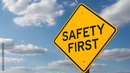 Bright yellow safety first sign against a summer sky urges caution and prevention in construction, manufacturing, and workplace environments