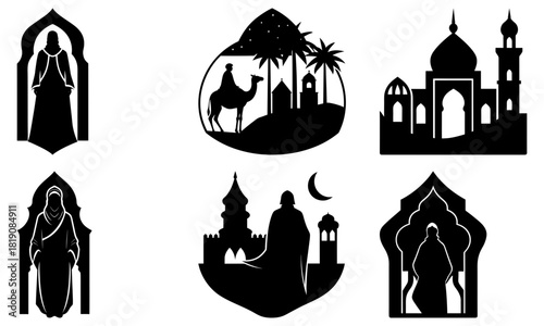 Elegant Islamic silhouette designs for Ramadan greetings and Eid celebrations, perfect for cultural themes and spiritual events, reflecting faith and tradition