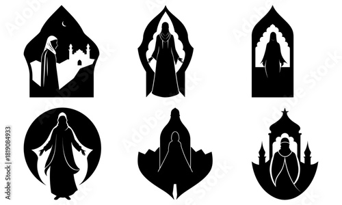 Stunning silhouette of a woman in traditional Islamic dress for Ramadan celebration, cultural heritage, and elegant religious designs, originally vector graphics