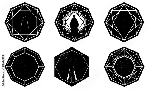 Intriguing geometric shapes with human figures, stars, and portals create a mysterious, modern vibe, perfect for abstract designs and spiritual concepts