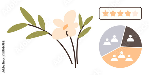 Delicate floral elements with star rating and segmented user chart. Ideal for teamwork, customer satisfaction, evaluation, collaboration, ratings, progress tracking, and growth. A simple flat