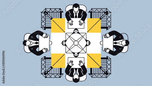 Overhead perspective of four diverse professionals collaborating in a modern office setting suitable for business presentations and corporate branding