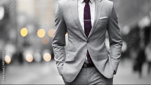 Close-up view of an unrecognizable businessman wearing a stylish grey suit and patterned tie standing on a busy blurred urban street. The professional male executive stands with his hands in his pocke