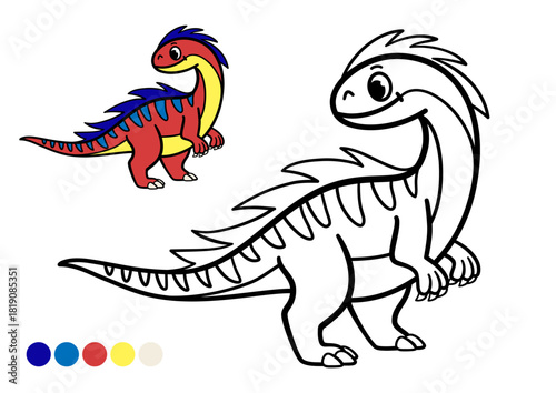 Cute cartoon dinosaur childrens coloring book page with color example. Striped predatory dinosaur with spiky crest on back. Black and white outline drawing.