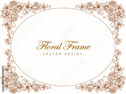 Elegant oval floral frame with intricate brown line art, featuring delicate flowers, leaves, and swirling vines on a white background, perfect for decorative designs.