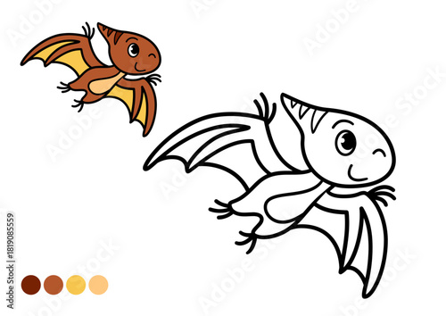 Cute cartoon dinosaur childrens coloring book page. Funny flying pterodactyl. Black and white outline illustration.