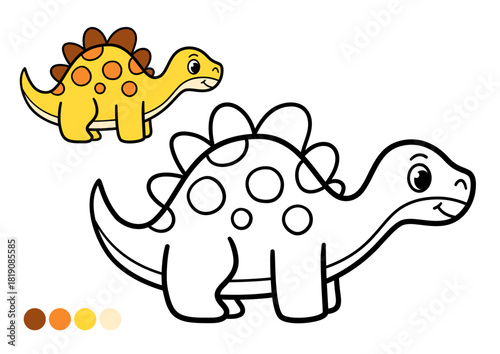 Cute cartoon dinosaur childrens coloring book page. Adorable stegosaurus with round spots and plates. Black and white outline illustration.