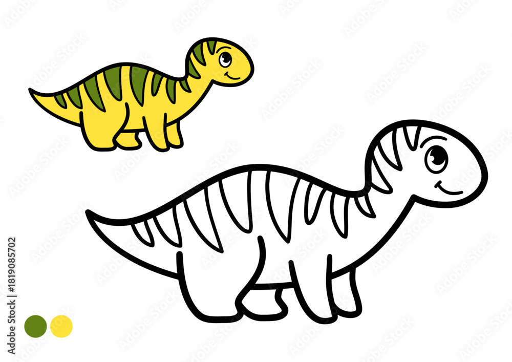 Obraz premium Cute cartoon dinosaur childrens coloring book page. Simple outline drawing with color example.